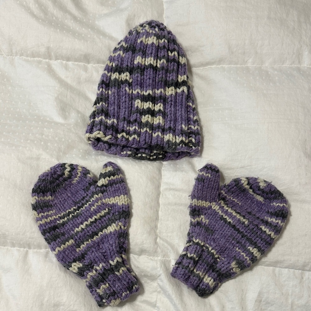 Homemade Purple and Gray Knit Hat and Mittens Wool Set
